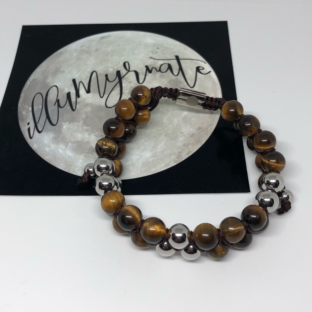 Natural Brown Tigers Eye & Stainles Steel Bracelet